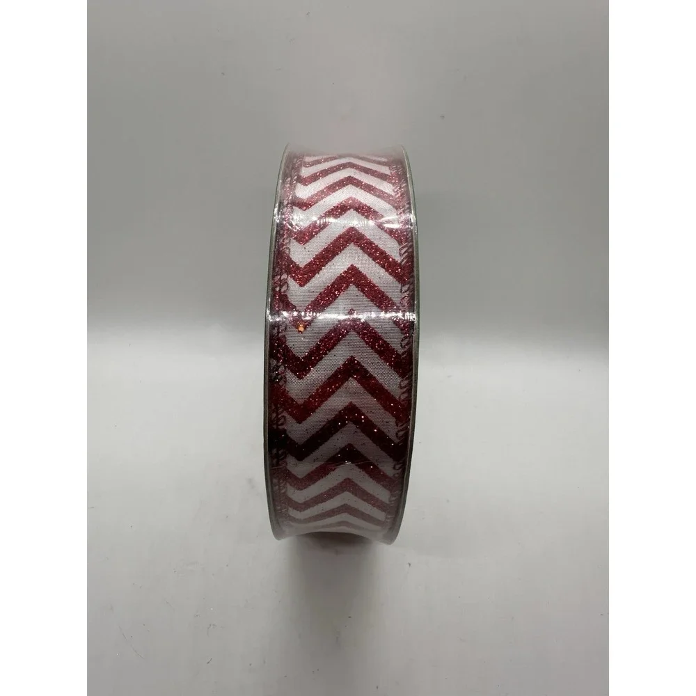 50‎ Yards Wired Ribbon Red Glitter Chevron Stripe 1.5